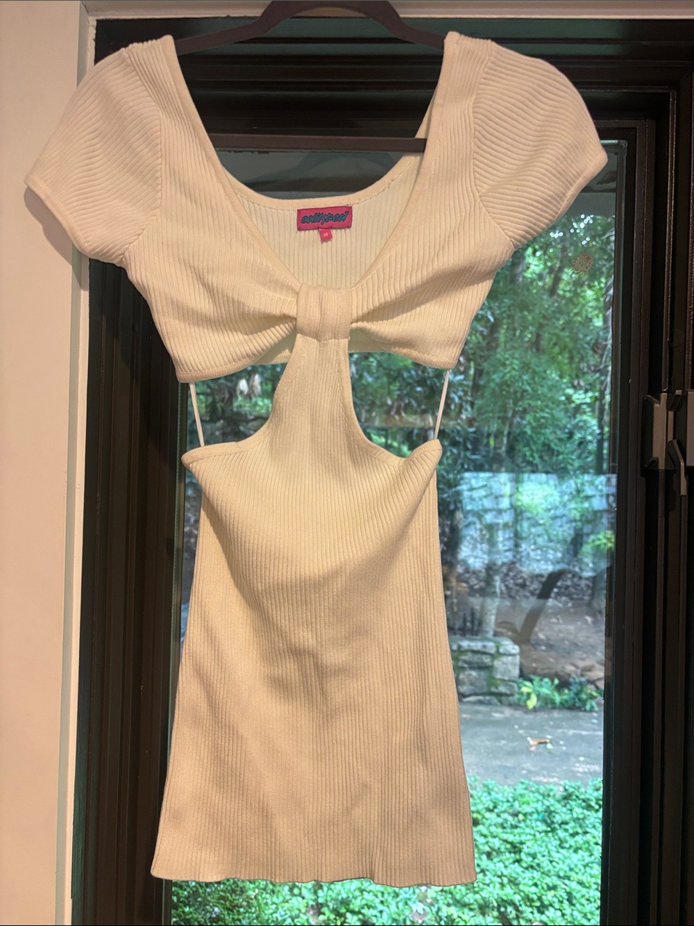 Edikted Cream Ribbed Cutout Mini Dress with Knot Front
